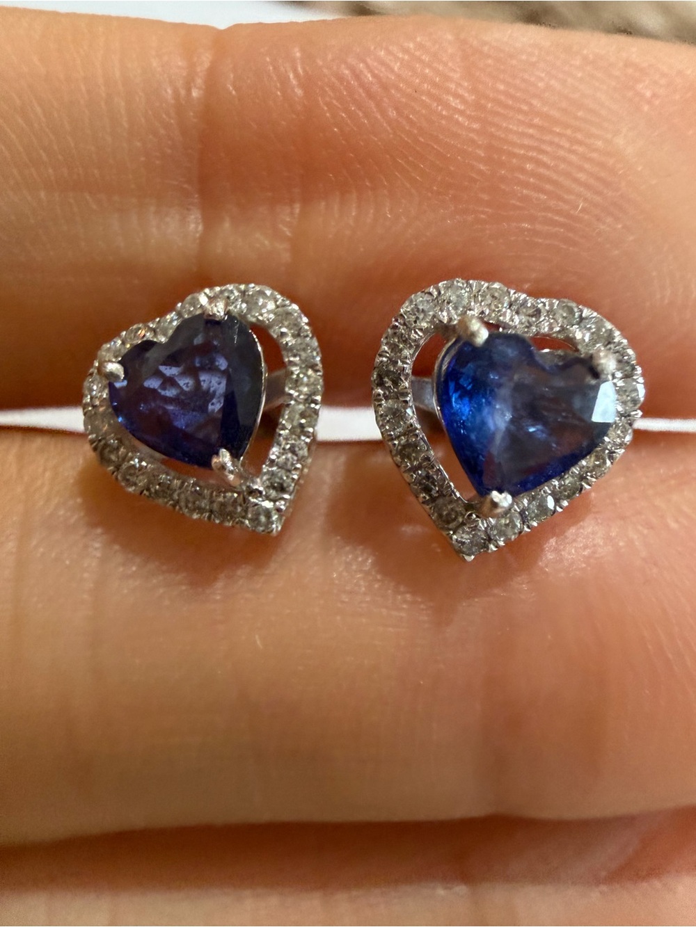 NEW 14K White Gold Natural Sapphire Diamond Heart Halo Earrings w/ Certificate - Picture 4 of 13
